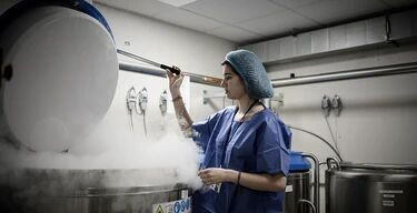 A worker at in the reproductive biology department of Tenon Hospital in Paris, France, checks a refrigerated storage device. In Canada, women have legally been able to freeze eggs for personal or family planning reasons since 2012. Photo by PHILIPPE LOPEZ/AFP via Getty Images