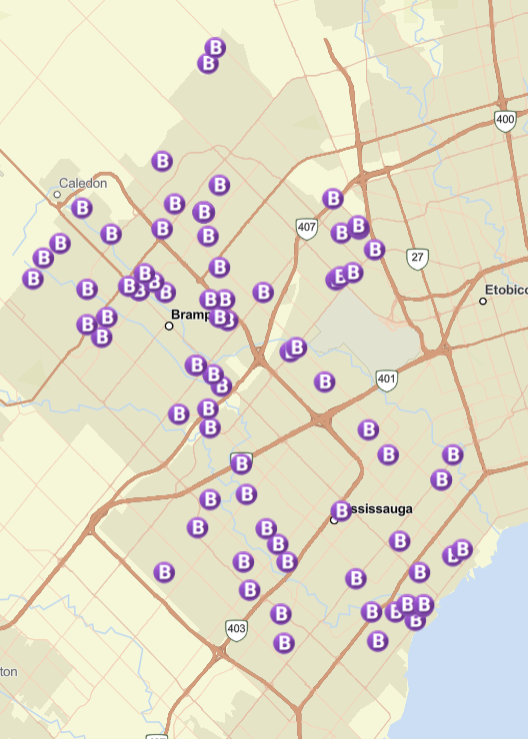 密西沙加和 Brampton 地区入室盗窃案分布图