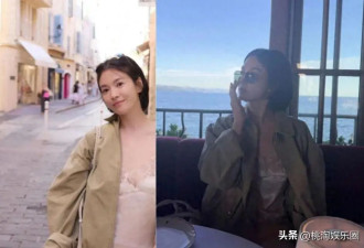 44岁宋慧乔现身法国，穿裸色蕾丝裙漫步，度假照如同大片