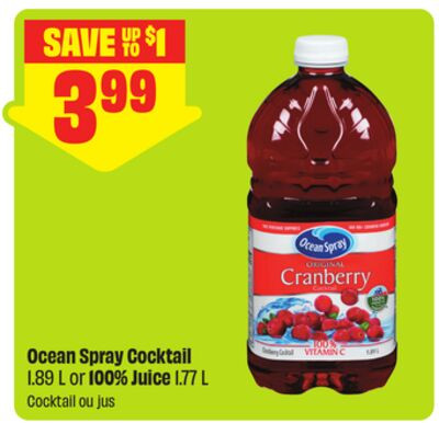 Ocean Spray 蔓越莓鸡尾酒 1.89L / 100% 果汁 1.77L（FreshCo）