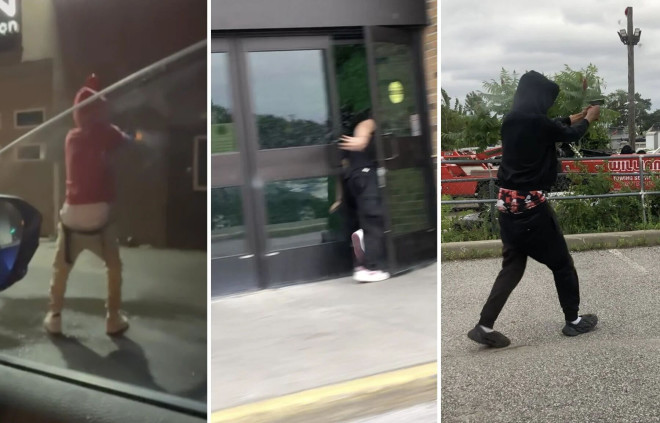 一组青少年自录视频的截图。左图为 2024 年 6 月 29 日在一家汽车车身修理店。中图为 2024 年 6 月 30 日，影院内有人为躲避枪击逃跑。右图为同日稍晚，一名青少年在拖车场开枪。安省法院展品