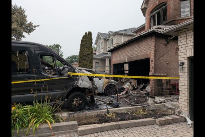 The fire ruined the front of the home along with cars parked in the driveway.
