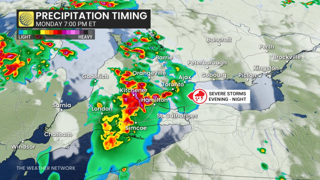 安省、降雨、雷暴、周一，2026 年 7 月 27 日。（The Weather Network）